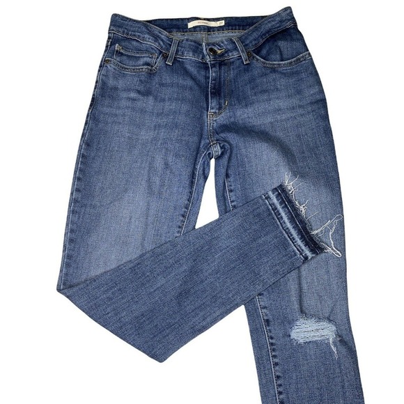 SkinnyJeans Denim - LEVIS 711 Women Midrise Skinny Jeans Sz 27 Light Wash Distressed Raw Hem Ankle
